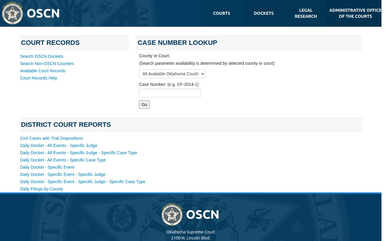 Official Oklahoma court docket search for Dewey County booking disposition research